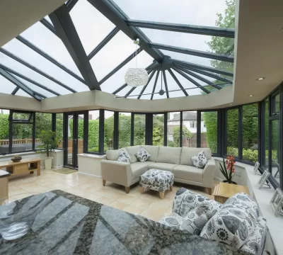 Orangery conservatory with brick pillars